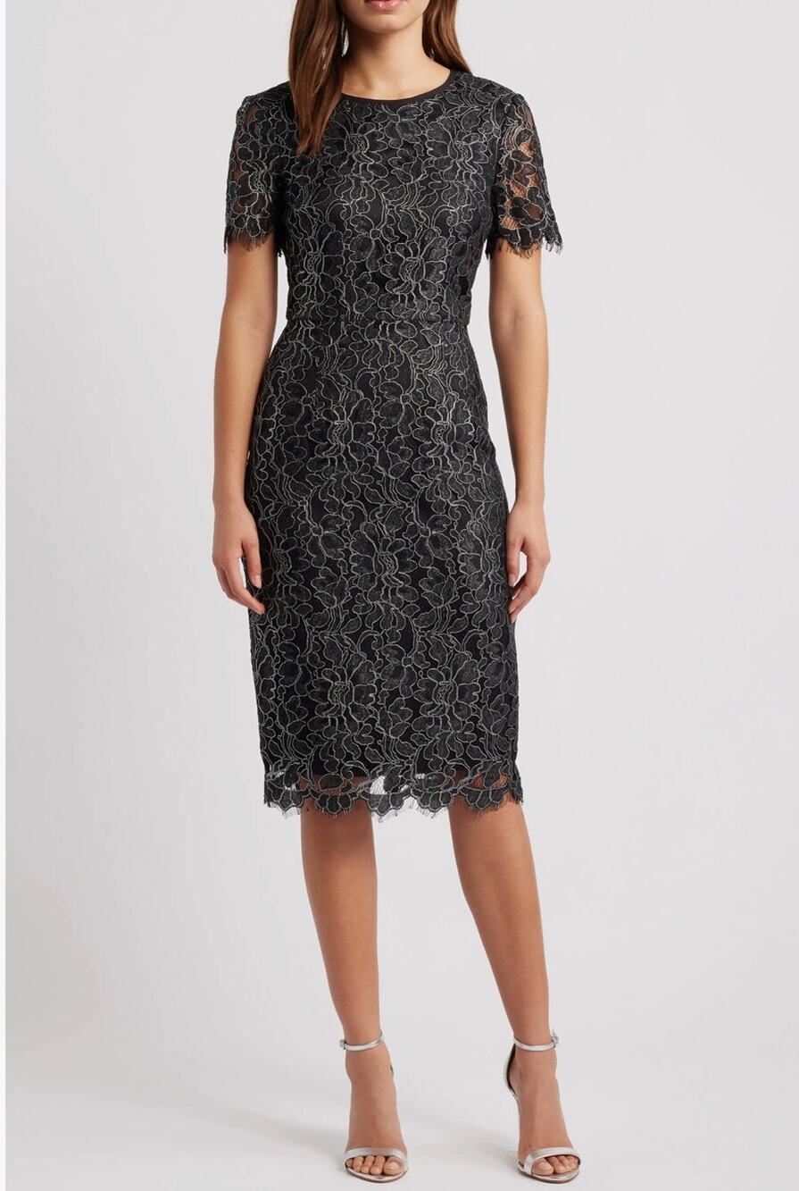 Eliza J Evening Dress Black/Silver Lace Feminine Size 6 Cocktail Party Wedding